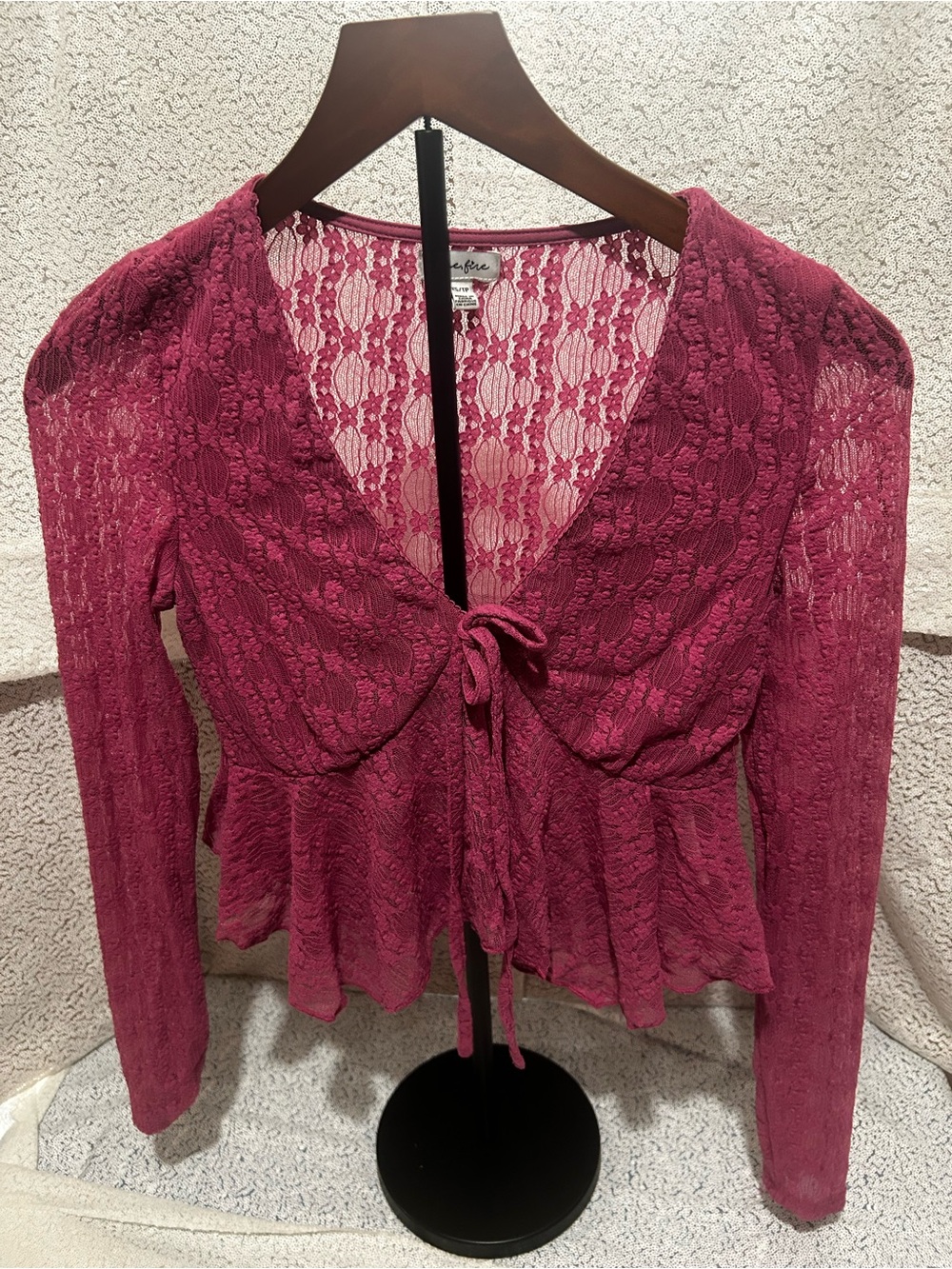 love, Fire Burgundy Lace Tie-Front Peplum Blouse